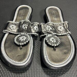 Mila Paoli Womens Silver Leather Slide Sandals With Floral Details Made In Italy